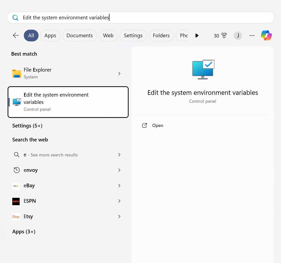 Start menu to edit environment variables